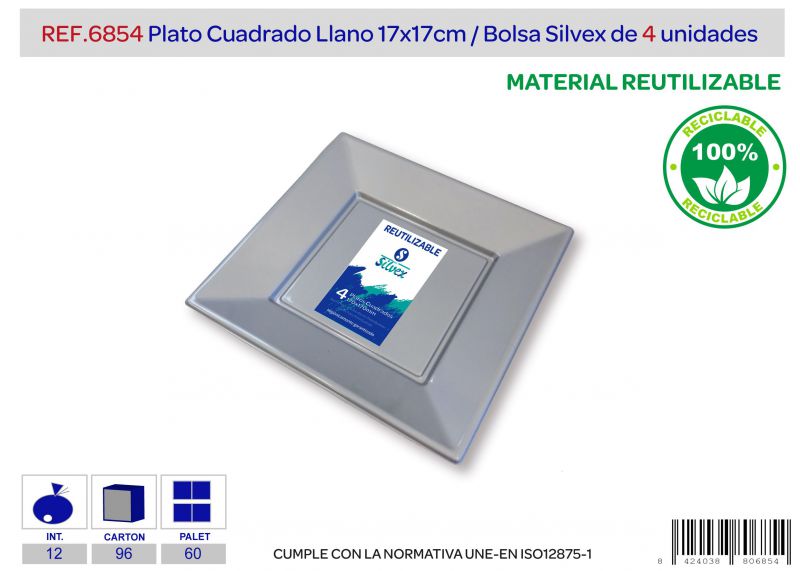 Plato cuadrado reutilizable 170x170mm plata l.4