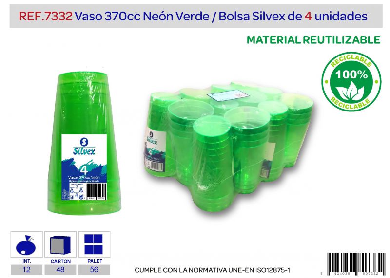 Vaso 370 cc reutilizable neón verde lote de 4