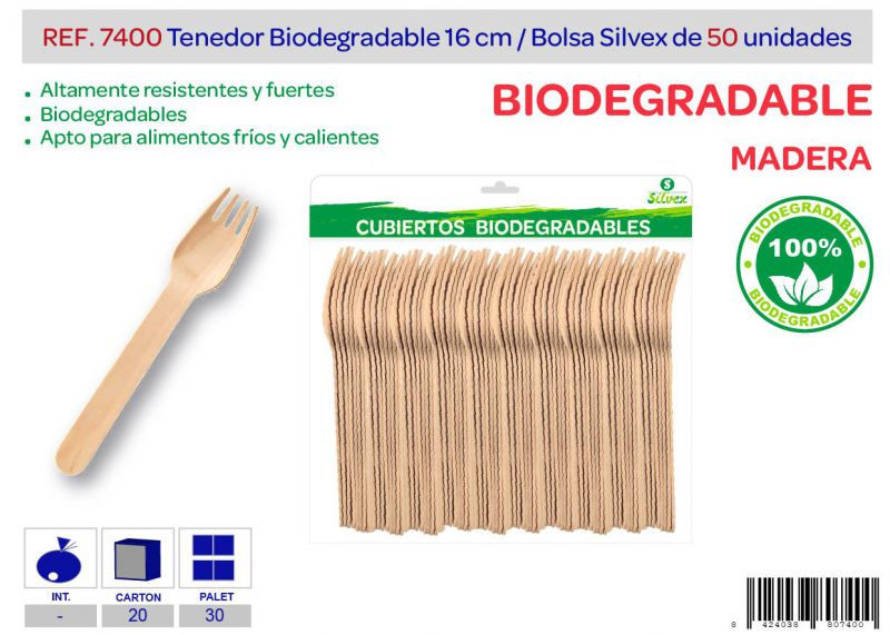 Tenedor biodegradable lote de 50 madera