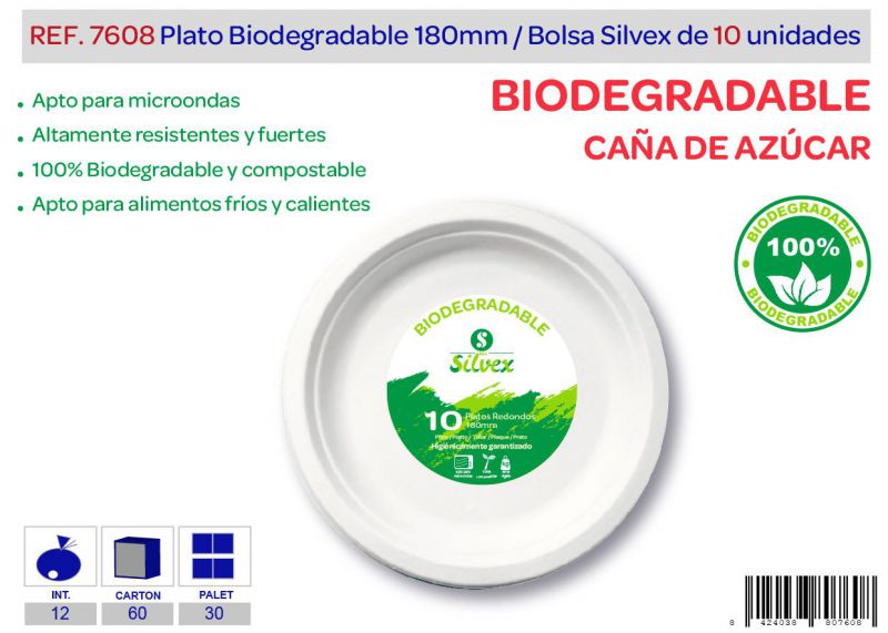 Plato biodegradable 180mm lote de 10 caña de azúcar