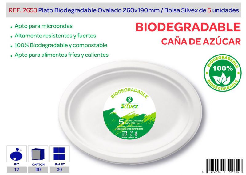 Plato biodegradable ovalado 260 mm lote de 5 caña de azúcar