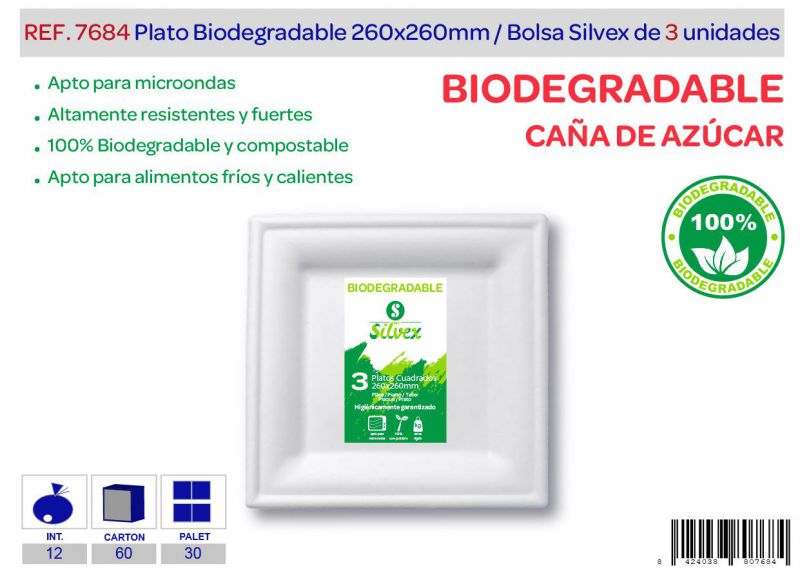 Plato biodegradable cuadrado 260x260 mm lote de 3 caña de azúcar