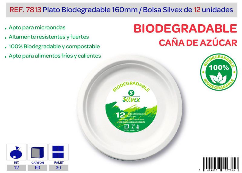 Plato biodegradable 160mm lote de 12 caña de azúcar