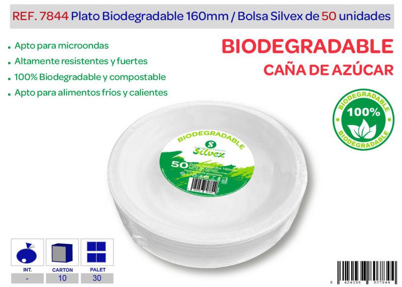 Plato biodegradable 160mm lote de 50 caña de azúcar