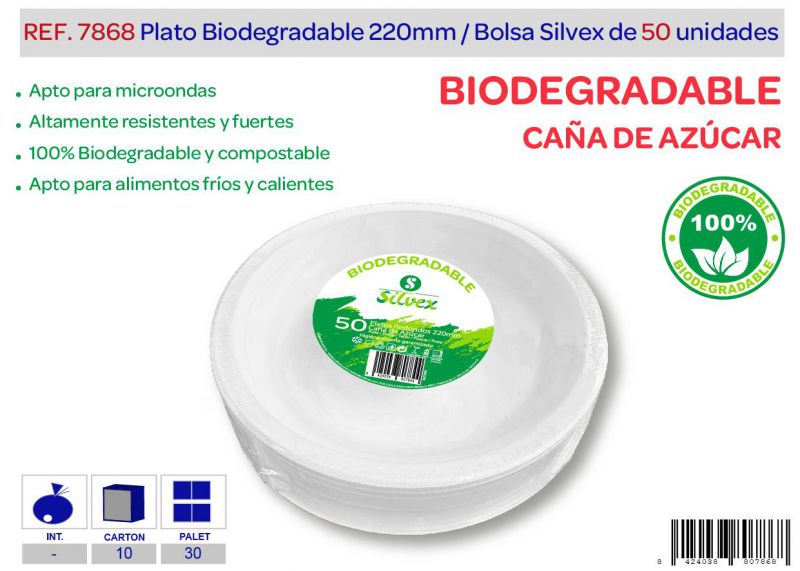 Plato biodegradable 220mm lote de 50 caña de azúcar