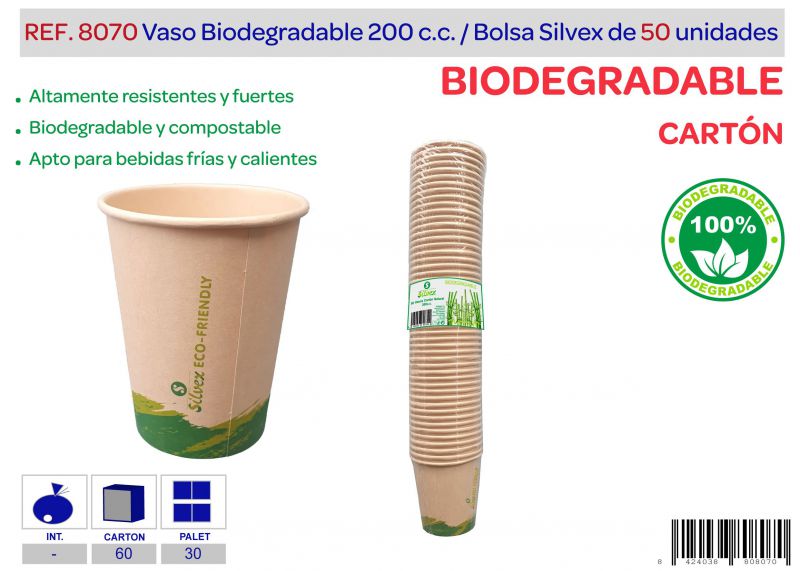 Vaso biodegradable 200 cc lote de 50 carton natural
