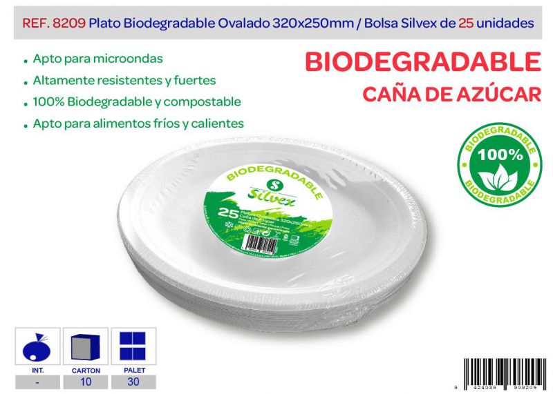 Plato biodegradable ovalado 320mm lote de 25 caña de azúcar