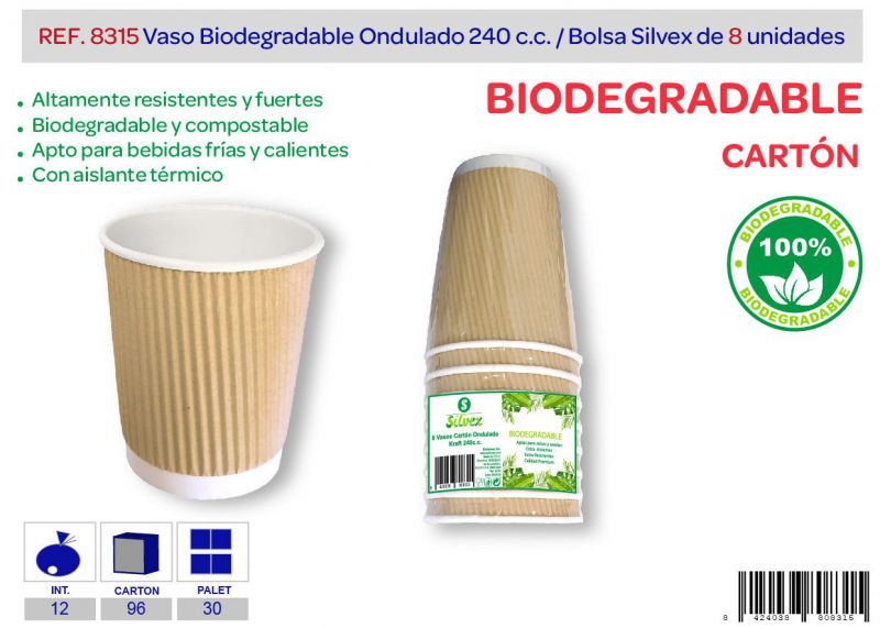Vaso biodegradable ondulado 240 cc lote de 8 kraft