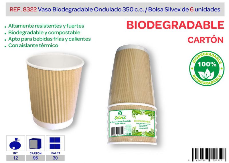 Vaso biodegradable ondulado 350 cc lote de 6 kraft
