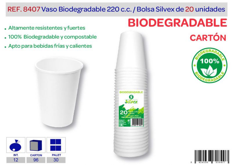 Vaso biodegradable 220 cc lote de 20 cartón
