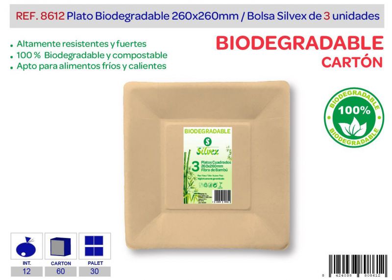 Plato cuadrado biodegradable 260x260mm lote de 3 carton natural