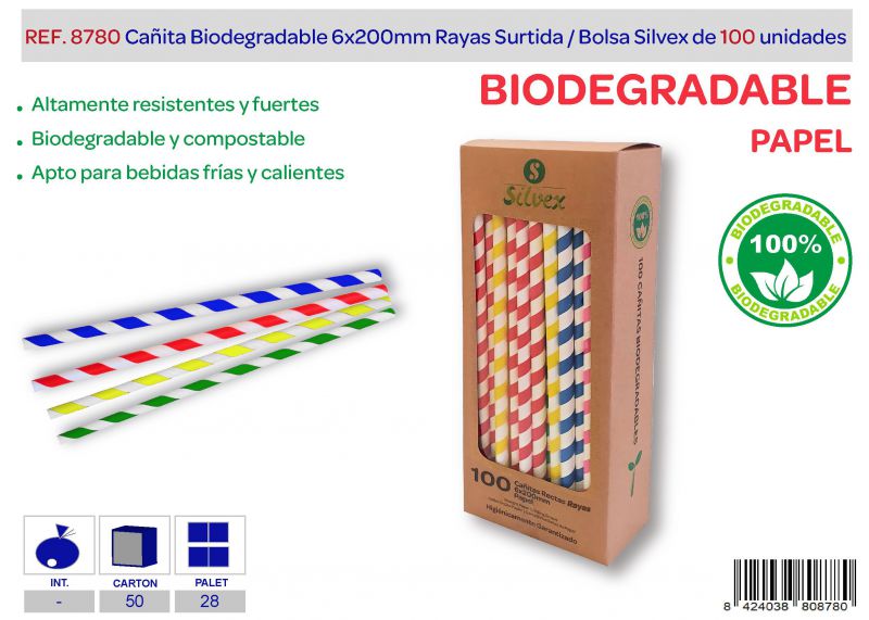 Cañita biodegradable 6x200mm colores lote de 100 papel