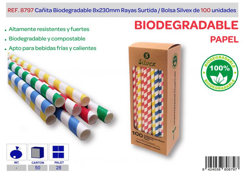 Cañita biodegradable 8x230mm colores lote de 100 papel