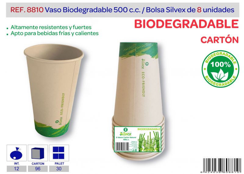 Vaso biodegradable 500 cc lote de 8 carton natural