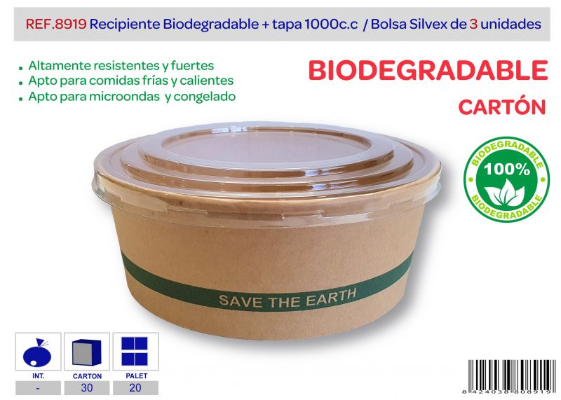 Recipiente biodegradable + tapa 1000 cc lote de 3 carton