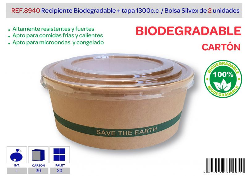 Recipiente biodegradable + tapa 1300 cc lote de 2 carton