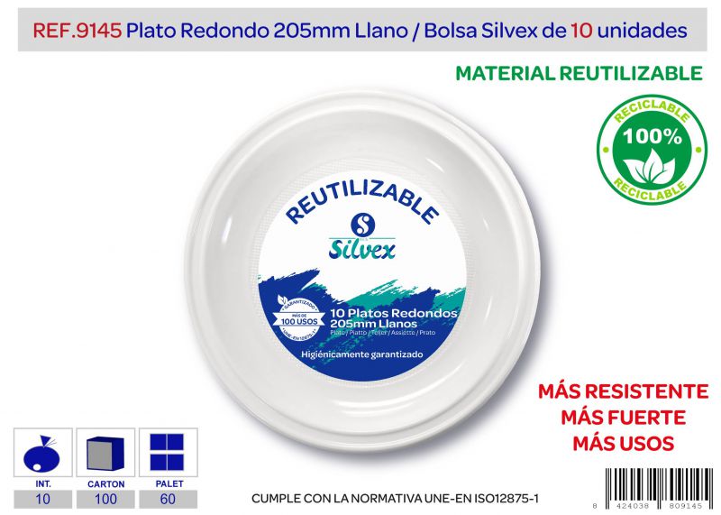 Plato reutilizable 205mm llano lote de 10 alta calidad