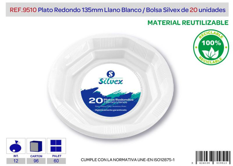 Plato reutilizable 135mm llano blanco lote de 20
