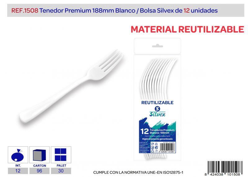 Tenedor premium reutilizable blanco l.12