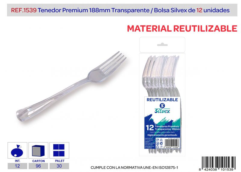 Tenedor premium reutilizable transparente l.12