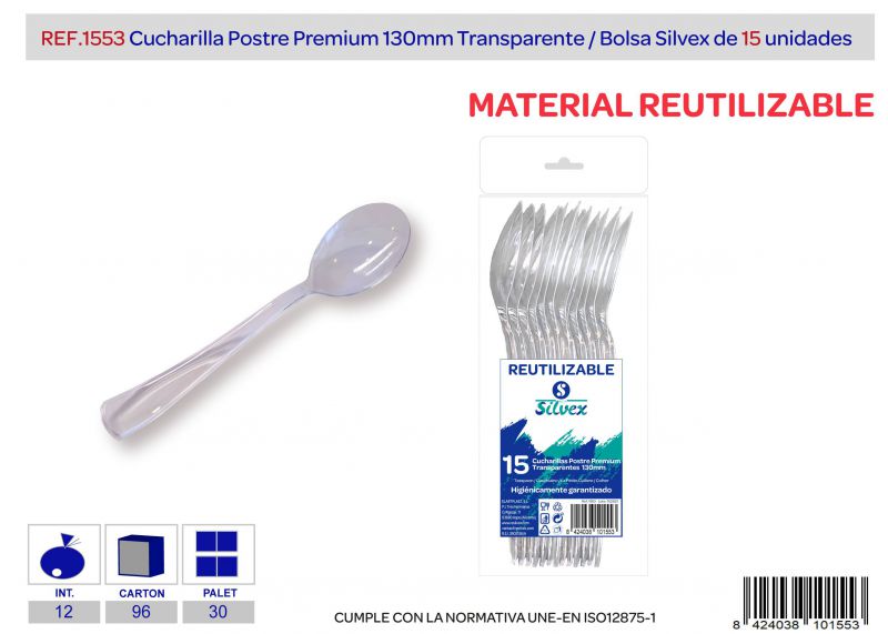 Cucharilla postre premium reutilizable transparente l.15