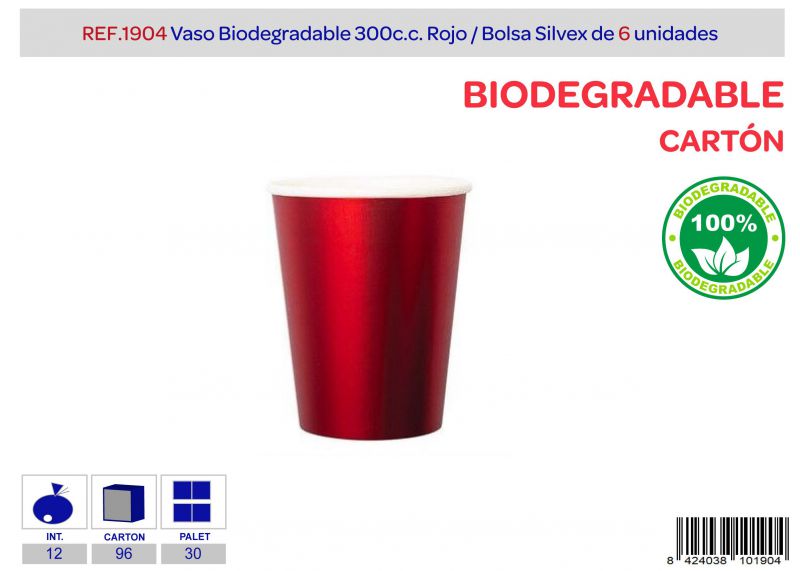 Vaso biodegradable 300 c.c. l.6 rojo brillante