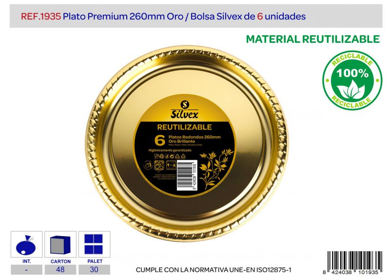 Plato premium reutilizable 260mm oro l.6