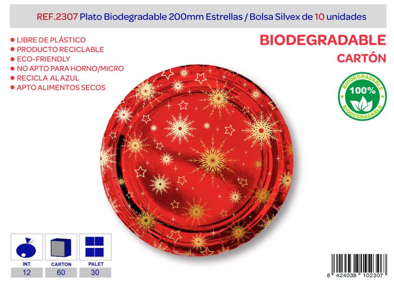 Plato biodegradable 200mm lote de 10 estrellas