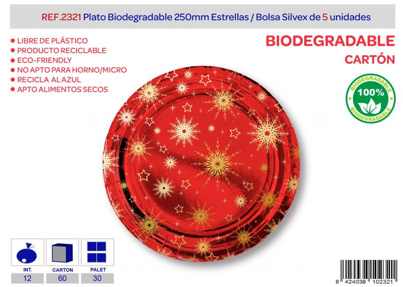 Plato biodegradable 250mm lote de 5 estrellas