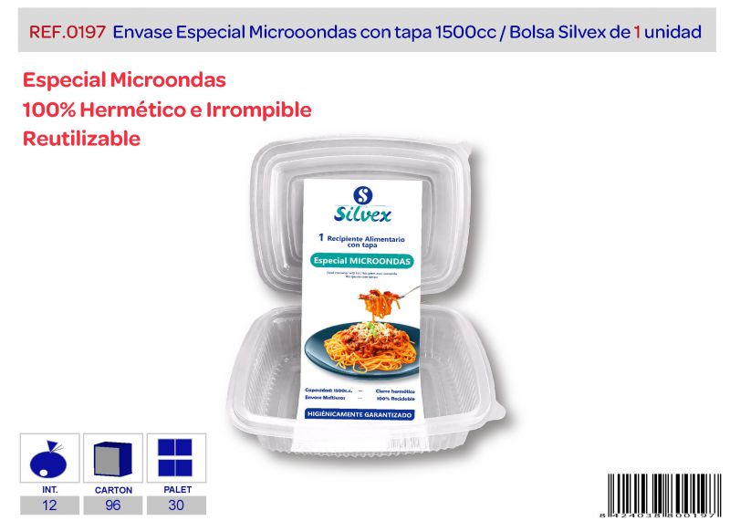Envase especial microondas pp tapa bisagra 1500 cc lote de  1