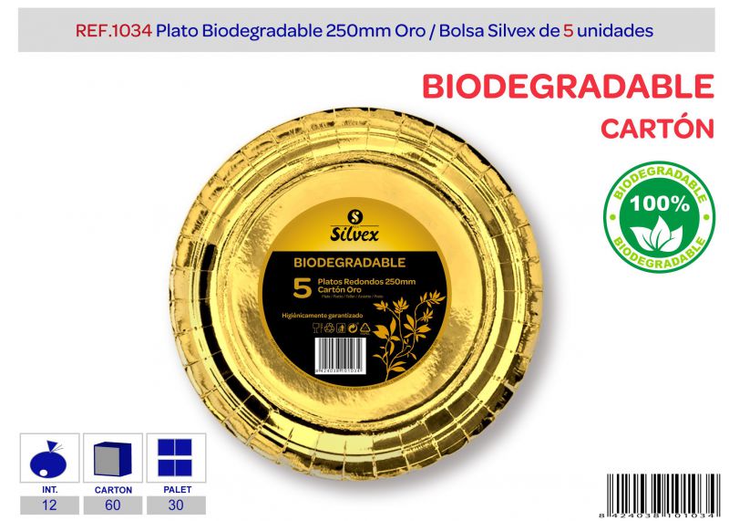 Plato biodegradable 250mm lote de 5 oro brillante