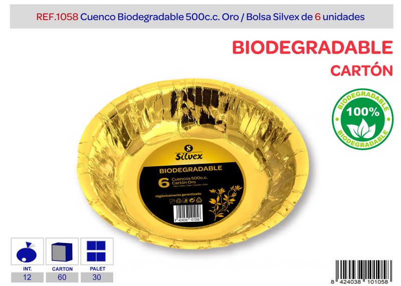 Cuenco biodegradable 500cc lote de 6 oro brillante