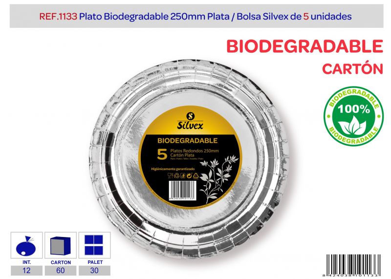 Plato biodegradable 250mm lote de 5 plata brillante
