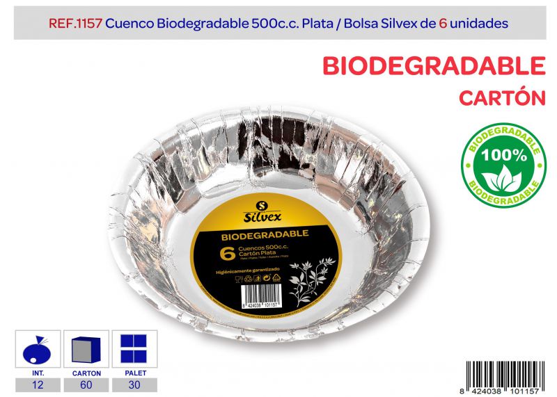 Cuenco biodegradable 500cc lote de 6 plata brillante