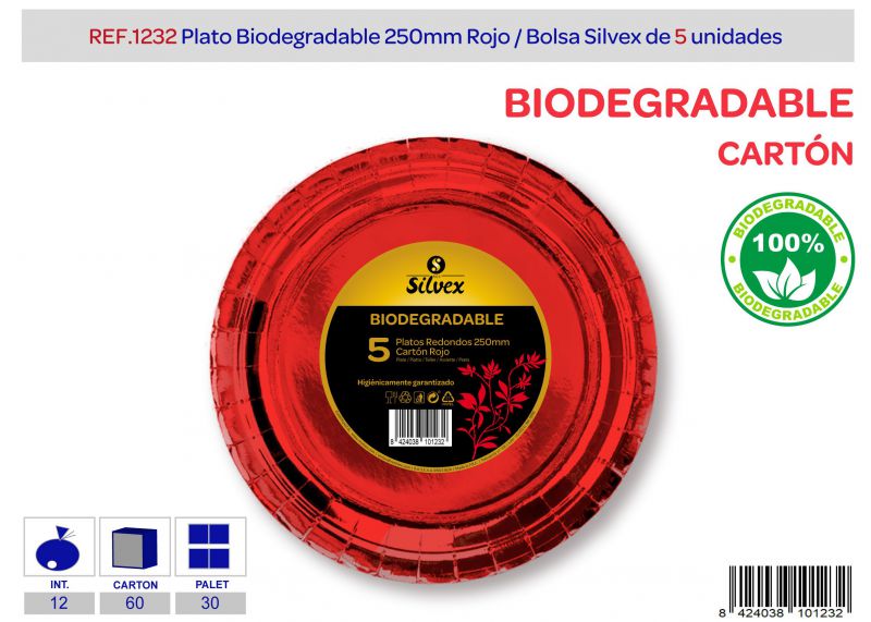 Plato biodegradable 250mm lote de 5 rojo brillante