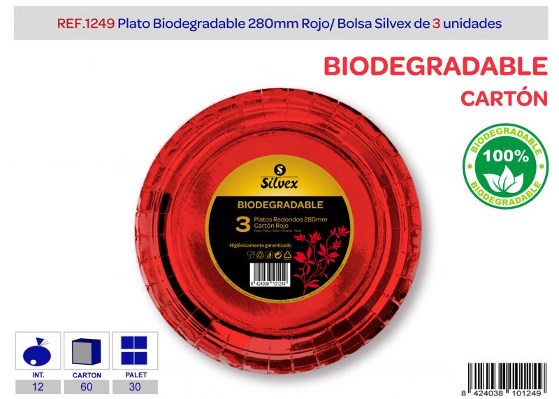Plato biodegradable 280mm lote de 3 rojo brillante