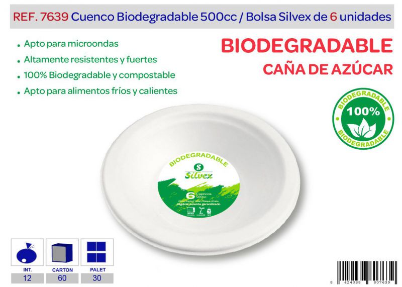 Cuenco biodegradable 500 cc lote de 6 caña de azúcar